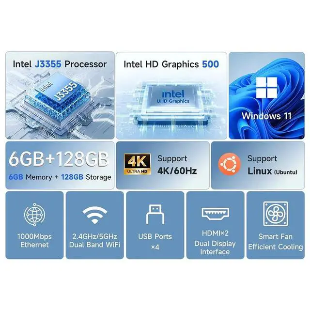 Alt view image 2 of 6 - BMAX B1 Plus Mini PC 6GB RAM 128GB ROM Intel J3355 Supports 4K@60Hz Intel HD Graphics 500 Dual Band Wifi Bluetooth 5.0 HDMI USB