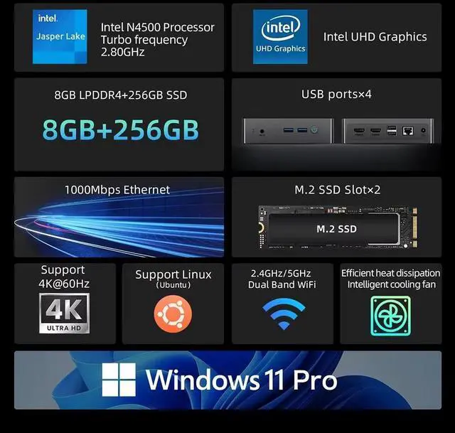Alt view image 2 of 6 - BMAX B3 Pro Mini PC Intel N4500 8GB RAM 256GB SSD Windows 11 PC HDMI USB Wi-Fi Supports 4K@60Hz Intel HD Graphics
