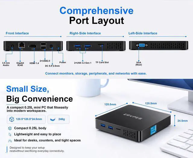 Alt view image 3 of 6 - ERVPES B20E Mini PC 8GB RAM 128GB SSD Intel 6500Y Windows 11 BT5.0 Apollo Lake Desktop Mikrokomputer Dwuzakresowy Wi-Fi HDMI
