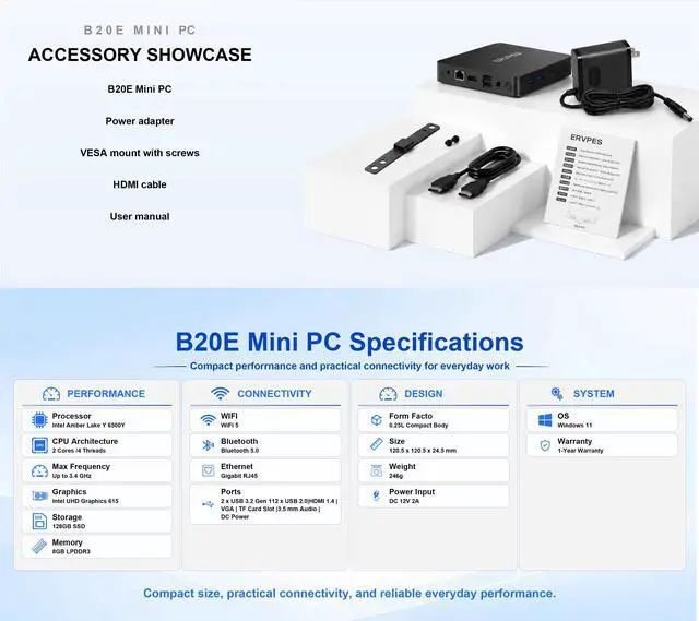 Alt view image 6 of 6 - ERVPES B20E Mini PC 8GB RAM 128GB SSD Intel 6500Y Windows 11 BT5.0 Apollo Lake Desktop Mikrokomputer Dwuzakresowy Wi-Fi HDMI