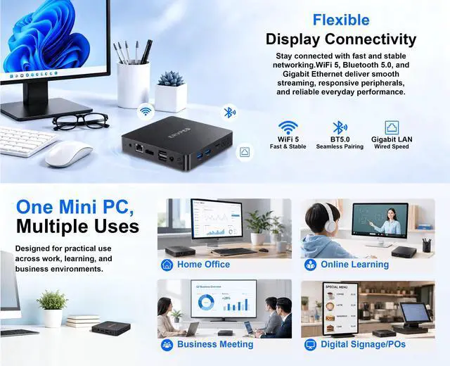 Alt view image 5 of 6 - ERVPES B20E Mini PC 8GB RAM 128GB SSD Intel 6500Y Windows 11 BT5.0 Apollo Lake Desktop Mikrokomputer Dwuzakresowy Wi-Fi HDMI