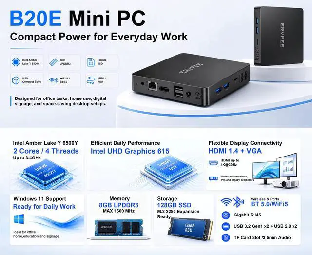 Alt view image 2 of 6 - ERVPES B20E Mini PC 8GB RAM 128GB SSD Intel 6500Y Windows 11 BT5.0 Apollo Lake Desktop Mikrokomputer Dwuzakresowy Wi-Fi HDMI