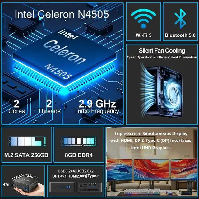 Alt view image 2 of 6 - ERVPES E1 Pro Mini PC Intel Celeron N4505 8GB DDR4+256GB NVMe Bluetooth 5.0 Wi-Fi 5