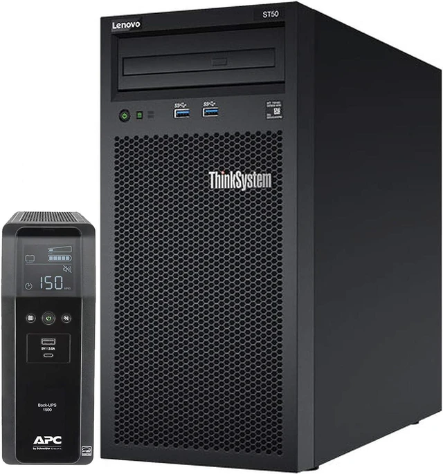 Main image of Lenovo ThinkSystem ST50 Tower Server Bundle Including APC BR1500MS 1500VA UPS, Intel Xeon 3.4GHz CPU, 64GB DDR4 2666MHz RAM, 12TB HDD Storage, JBOD RAID