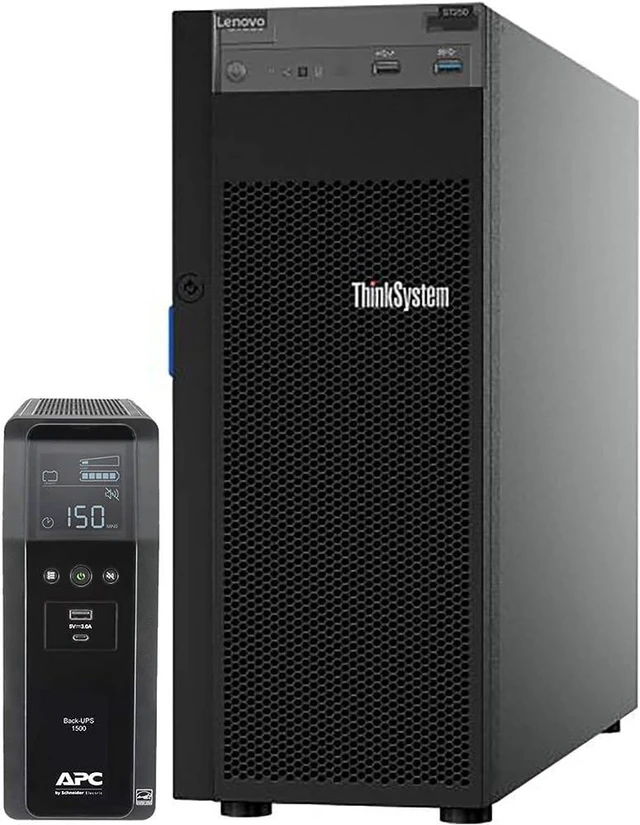 Main image of Lenovo ThinkSystem ST250 Tower Server Bundle Including APC BR1500MS 1500VA UPS, Intel Xeon 3.3GHz CPU, 64GB DDR4 2666MHz RAM, 16TB HDD Storage, JBOD RAID