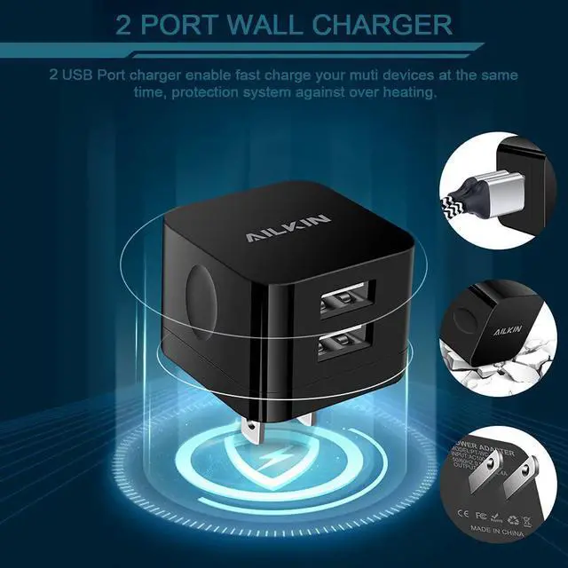Alt view image 5 of 7 - 2Pack USB Wall Chargers, 2.4A Dual Port Fast Charger Block Square Flat Power AC Adapter Phone Brick Charging Station for iPhone, Samsung Galaxy, LG Stylo, Google Pixel, USB Plug House Hold Box Cube