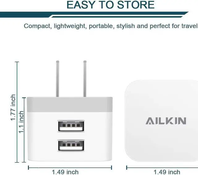 Main image of 2Pack USB Wall Charger Plug, AILKIN 2.4A Dual Port USB Adapter Power Cube Fast Charging Station Box Base for iPhone 15 14 13 12 Pro Max SE 11 XR XS X/8, Samsung, Phones USB Charge Block-White Brick