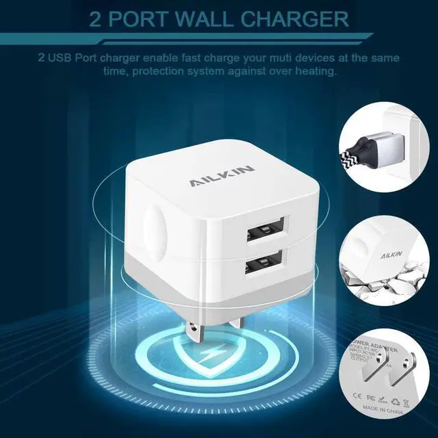 Alt view image 3 of 5 - 2Pack USB Wall Charger Plug, AILKIN 2.4A Dual Port USB Adapter Power Cube Fast Charging Station Box Base for iPhone 15 14 13 12 Pro Max SE 11 XR XS X/8, Samsung, Phones USB Charge Block-White Brick