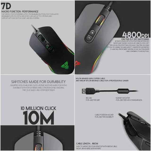Alt view image 6 of 6 - FANTECH Basic Wired Gaming Mouse X9, RGB 7 Macro Buttons Programmable True 4800 DPI Claw Grip Comfort Beginner Gaming Mouse for Window PC, Black