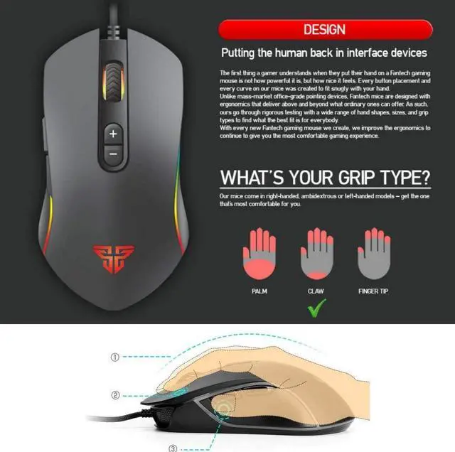 Alt view image 4 of 6 - FANTECH Basic Wired Gaming Mouse X9, RGB 7 Macro Buttons Programmable True 4800 DPI Claw Grip Comfort Beginner Gaming Mouse for Window PC, Black