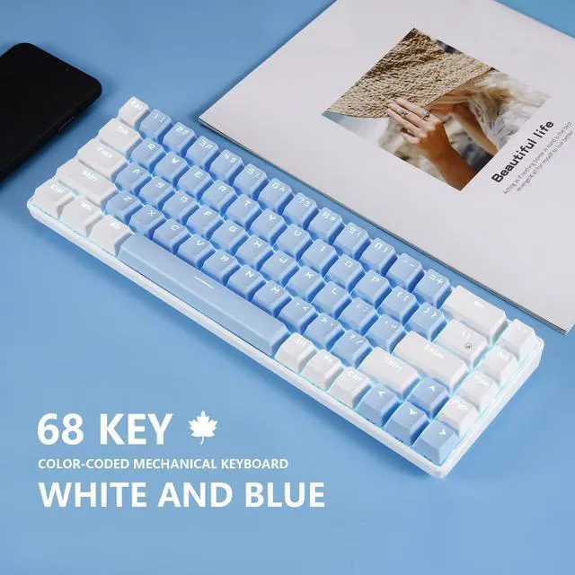 Alt view image 9 of 14 - 68 Keys Blue White Mechanical Gaming Keyboard 60% Keyboard Anti-Ghosting Type-C USB Wired and Wireless Bluetooth Connection mode LED Backlit Keyboard for Computer PC Laptop (Blue Switch) (Blue White)