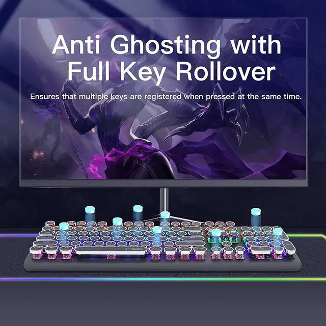 Alt view image 5 of 7 - E-YOOSO Wired Mechanical Keyboard with Backlit, Blue Switch, Retro Typewriter Gaming Keyboard, Light Up Letters, 104 Round Key for Game, Office, Computer, Laptop, PC, Desktop