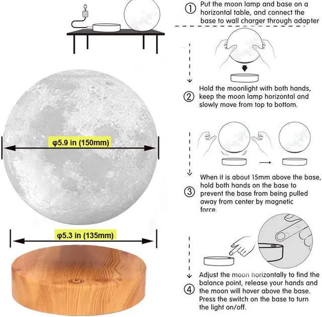 Alt view image 6 of 6 - VGAzer Levitating Moon Lamp,Floating and Spinning in Air Freely with 3D Printing LED Moon Lamp Has 20 Modes for Unique Gifts,Room Decor,Night Light,Office Desk Toys (Wooden Base 16 Colors)