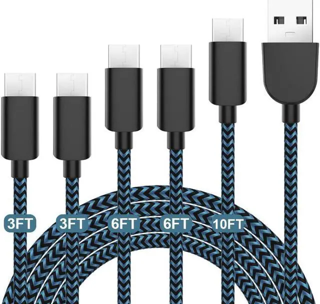 Main image of USB Type C Cable 5Pack (3/3/6/6/10FT) Nylon Braided USB-C to USB-A Fast Compatible Samsung Galaxy S9 S8 Note 9 Note 8 Plus,LG V30 G6 G5 V20,Google Pixel, Moto Z2(Blue)