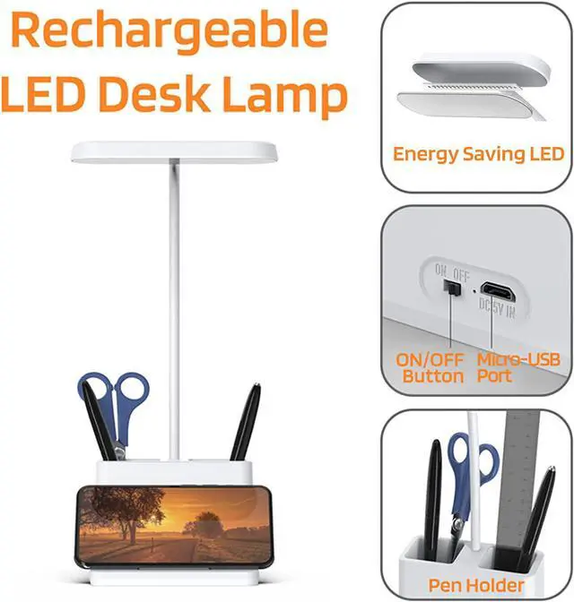 Alt view image 5 of 7 - AXX Small Desk Lamps for Home Office, White Desk Light for Kids, LED Desktop/Computer Study Lamps for Bedrooms, Rechargeable, Battery Operated, Pen Holder, Adjustable Gooseneck Table Lamp