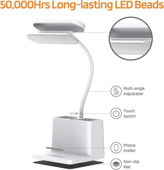 Alt view image 4 of 7 - AXX Small Desk Lamps for Home Office, White Desk Light for Kids, LED Desktop/Computer Study Lamps for Bedrooms, Rechargeable, Battery Operated, Pen Holder, Adjustable Gooseneck Table Lamp