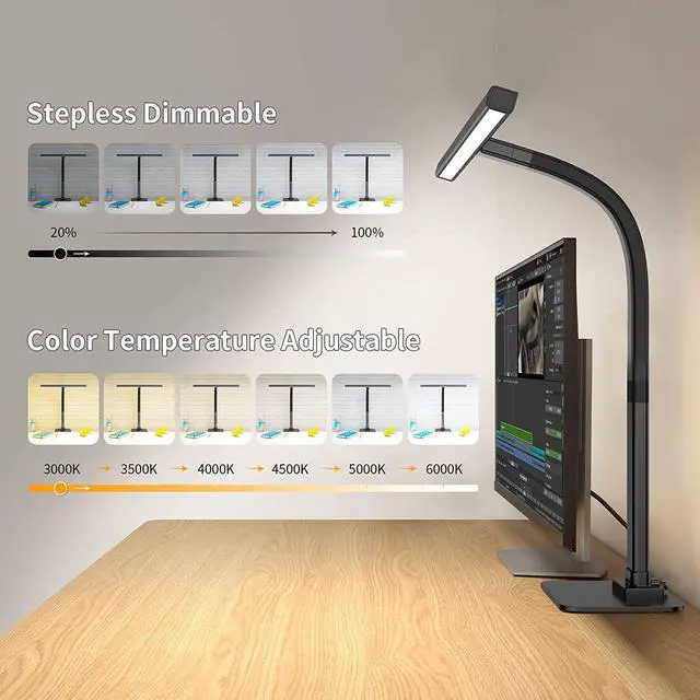 Alt view image 3 of 7 - EppieBasic Led Desk Lamp, Architect Desk Lamps for Home Office, 12W Dimmable & 6 Color Modes Extra Bright Modern Table lamp with Base, Auto Dimming Overhead Desk Lighting for Workbench Monitor