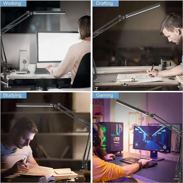 Alt view image 7 of 7 - LED Desk Lamp,Adjustable Swing Arm Desk Lamp with Clamp,Dimmable Desk Light Eye-Care Table Light, Memory Function, 3 Color Modes, 10-Level Brightness Table Lamp for Home, Office, Study, Reading