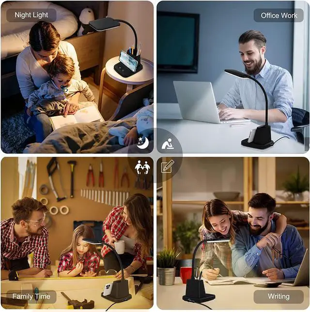 Alt view image 7 of 7 - Sailstar Desk Lamp, LED Desk Lamps for Home Office, Wireless Charger Small Desk Lamp with Pen Holder, 3 Color Modes, Dimmable, CRI 85, 800LM, Study Lamps for College Dorm Room, Adapter Included, Black