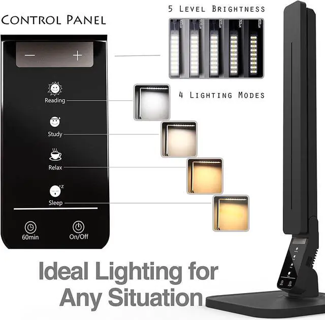 Alt view image 3 of 7 - Lampat Dimmable LED Desk Lamp, 4 Lighting Modes (Reading/Studying/Relaxation/Bedtime), 5-Level Dimmer, Touch-Sensitive Control Panel, 1-Hour Auto Timer, 5V/1A USB Charging Port, Piano Black