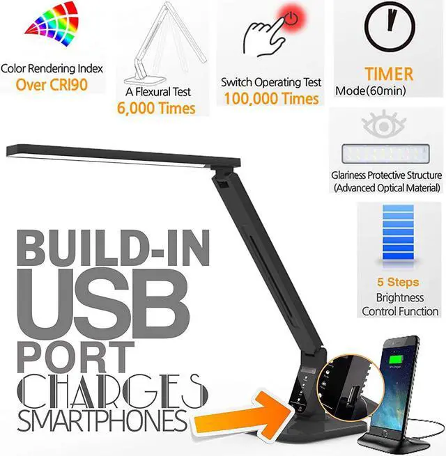 Alt view image 4 of 7 - Lampat Dimmable LED Desk Lamp, 4 Lighting Modes (Reading/Studying/Relaxation/Bedtime), 5-Level Dimmer, Touch-Sensitive Control Panel, 1-Hour Auto Timer, 5V/1A USB Charging Port, Piano Black