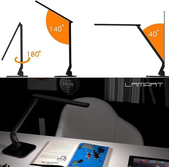 Alt view image 5 of 7 - Lampat Dimmable LED Desk Lamp, 4 Lighting Modes (Reading/Studying/Relaxation/Bedtime), 5-Level Dimmer, Touch-Sensitive Control Panel, 1-Hour Auto Timer, 5V/1A USB Charging Port, Piano Black