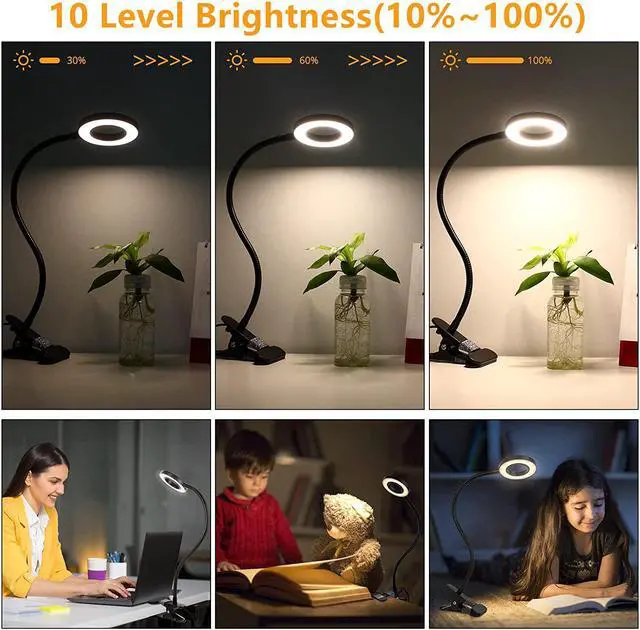 Alt view image 3 of 6 - Desk Clip on Lamp for Reading Home Office, 10 Dimmable Brightness 3 Modes, Ring/ Clamp Light for Bed Headboard, Craft, Computer, Video Call