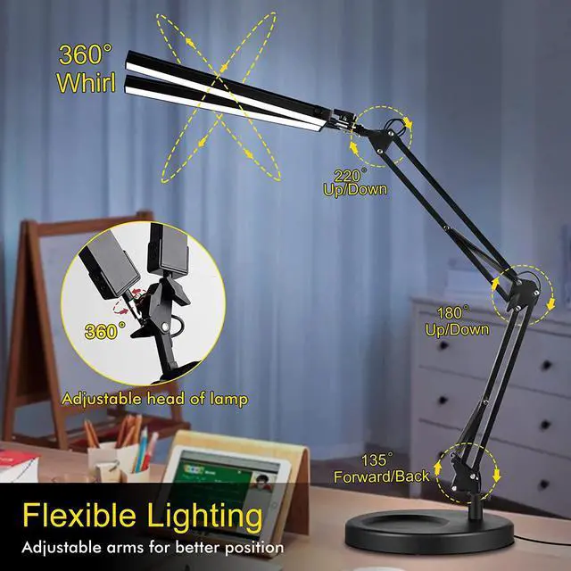 Alt view image 3 of 7 - 2-in-1 LED Double Head Desk Lamps for Home Office, 24W Brightest Workbench Light, Architect Lamp with Clamp & Base, 3 Colors 10 Dimming Swing Arm Lamp for Reading/Study/Computer Light