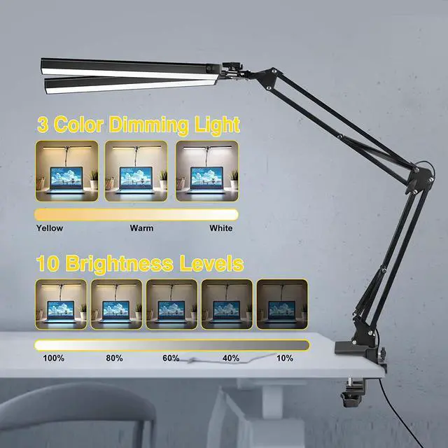 Alt view image 2 of 7 - 2-in-1 LED Double Head Desk Lamps for Home Office, 24W Brightest Workbench Light, Architect Lamp with Clamp & Base, 3 Colors 10 Dimming Swing Arm Lamp for Reading/Study/Computer Light