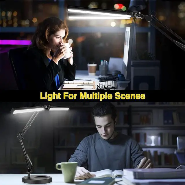 Alt view image 6 of 7 - 2-in-1 LED Double Head Desk Lamps for Home Office, 24W Brightest Workbench Light, Architect Lamp with Clamp & Base, 3 Colors 10 Dimming Swing Arm Lamp for Reading/Study/Computer Light