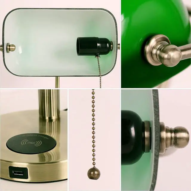 Alt view image 6 of 7 - FIRVRE Glass Bankers Desk Lamp USB Wireless Charging Port LED Desk Lamp Classic Retro Pull Chain Switch Table lamp Reading Modern for Home Office nightstand Bedside Study Desk Library (Green)