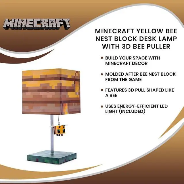Alt view image 6 of 6 - Minecraft Yellow Bee Nest Block Desk Lamp with 3D Bee Puller | Nightstand Table Lamp with LED Mood Light for Bedroom, Desk, Living Room, Playroom | Home Decor Kids Room Essentials | Video Game Gifts