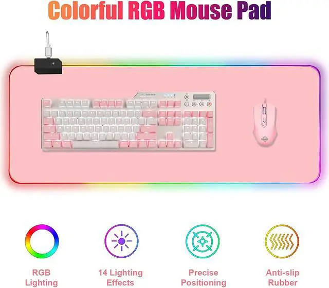 Alt view image 2 of 7 - RGB Large Gaming Mouse Pad Extended Mouse Pad with 14 Lighting Modes Superior Micro-Weave Cloth Non-Slip Rubber Base 800 x 300mm / 31.5 × 11.8 in (Pink)