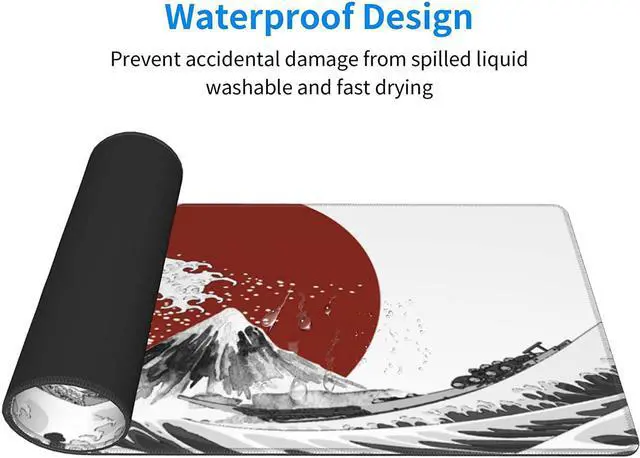 Alt view image 10 of 14 - Black White Wave Gaming Mouse Pad XL Japanese Red Sun Sea Extended Large Desk Cover Big Table Mat Non-Slip Rubber Base Stitched Edge Long Keyboard Playmat for Gamer 31.511.8 Inches