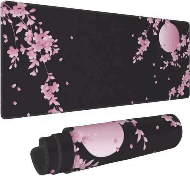 Alt view image 8 of 14 - Sakura Cherry Blossom Extended Gaming Mouse Pad Non-Slip Rubber Base Pink Large Mousepad 31.5x11.8in with Stitched Edge Waterproof Flower Keyboard Pads Black Desk Laptop Mats for Work/Game/Office