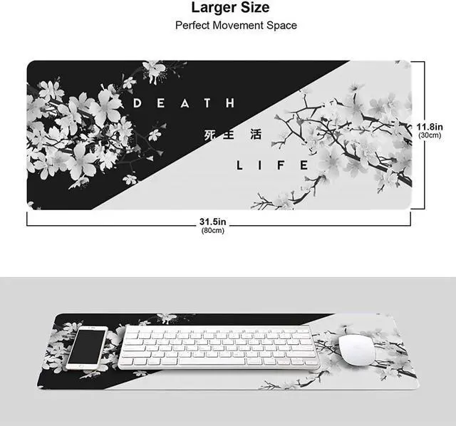 Alt view image 12 of 12 - Gaming Mouse Pad Black and White Cherry Blossom XXL XL Large Mouse Pad Mat Long Extended Mousepad Desk Pad Non-Slip Rubber Mice Pads Stitched Edges (31.5x11.8x0.12 Inch)