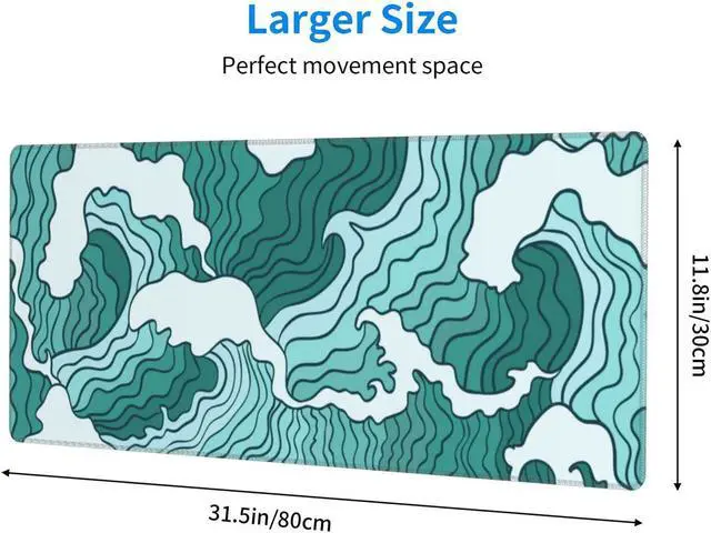 Alt view image 3 of 6 - Japanese Green and White Wave Gaming Mouse Pad XL, Non Slip Rubber Base Mousepad, Stitched Edges Desk Pad, Extended Large Mice Pad,31.5 X 11.8 Inch