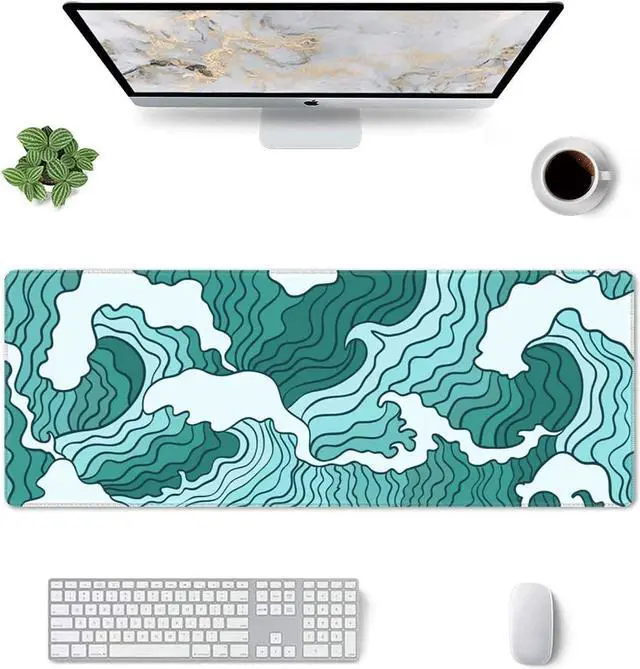 Alt view image 2 of 6 - Japanese Green and White Wave Gaming Mouse Pad XL, Non Slip Rubber Base Mousepad, Stitched Edges Desk Pad, Extended Large Mice Pad,31.5 X 11.8 Inch