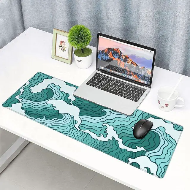 Alt view image 6 of 6 - Japanese Green and White Wave Gaming Mouse Pad XL, Non Slip Rubber Base Mousepad, Stitched Edges Desk Pad, Extended Large Mice Pad,31.5 X 11.8 Inch