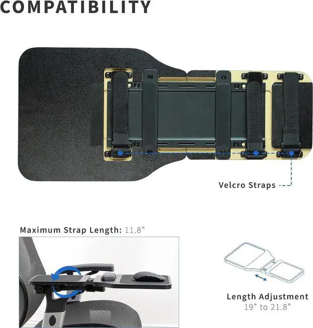 Alt view image 5 of 7 - Wood Arm Rest Mouse Pad with Wrist Cushion Adjustable Length Support Platform Tray Chair Attachment Extension with Straps Black MOUNT-MS02D