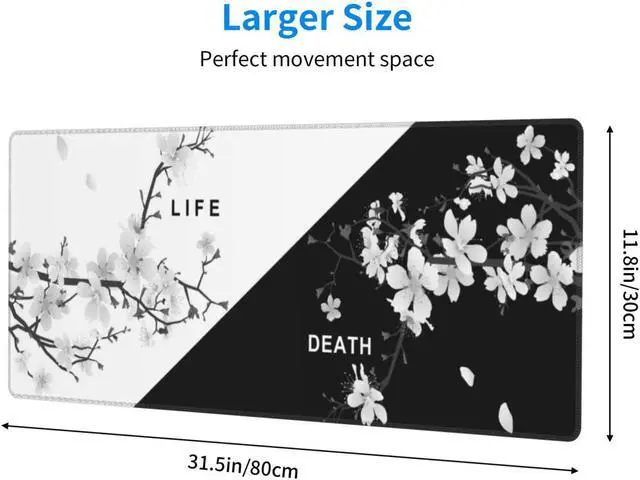 Alt view image 3 of 6 - Japanese Cherry Blossom Black And White Gaming Mouse Pad XL Extended Desk Pad Large Mouse Mat with Stitched Edges Long Non-Slip Rubber Base Large Keyboard Computer Mat for Work Office 31.5 X 11.8 Inch