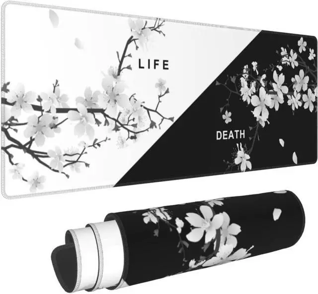 Alt view image 2 of 6 - Japanese Cherry Blossom Black And White Gaming Mouse Pad XL Extended Desk Pad Large Mouse Mat with Stitched Edges Long Non-Slip Rubber Base Large Keyboard Computer Mat for Work Office 31.5 X 11.8 Inch