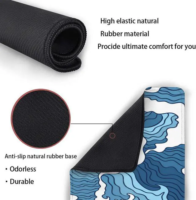 Alt view image 3 of 5 - Japanese Blue and White Wave Gaming Mouse Pad XL Non-Slip Rubber Base Mousepad Stitched Edges Desk Pad Extended Large Mice Pad 35.5 x 15.7 Inch