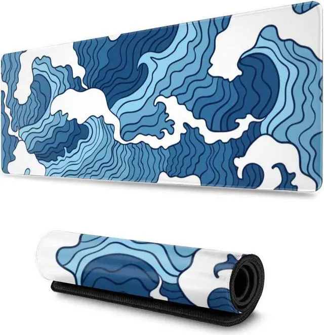 Alt view image 2 of 5 - Japanese Blue and White Wave Gaming Mouse Pad XL Non-Slip Rubber Base Mousepad Stitched Edges Desk Pad Extended Large Mice Pad 35.5 x 15.7 Inch