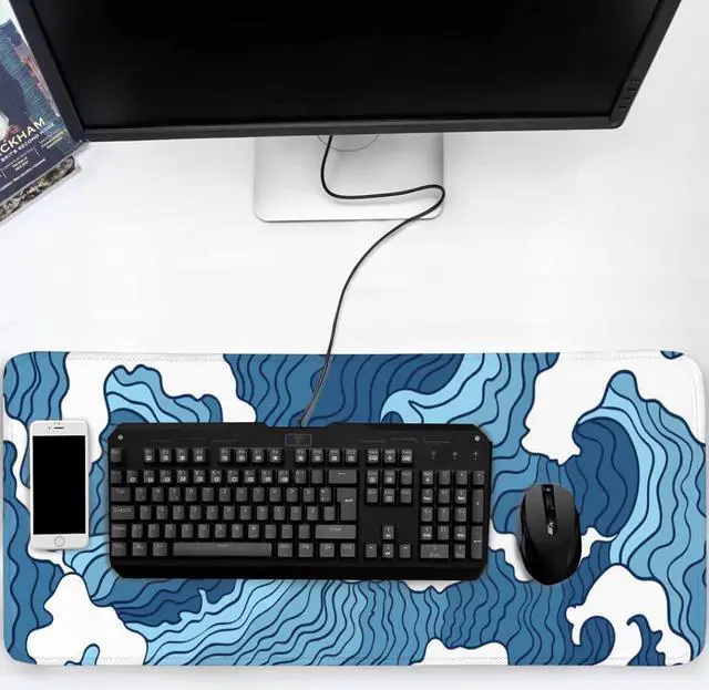 Alt view image 5 of 5 - Japanese Blue and White Wave Gaming Mouse Pad XL Non-Slip Rubber Base Mousepad Stitched Edges Desk Pad Extended Large Mice Pad 35.5 x 15.7 Inch