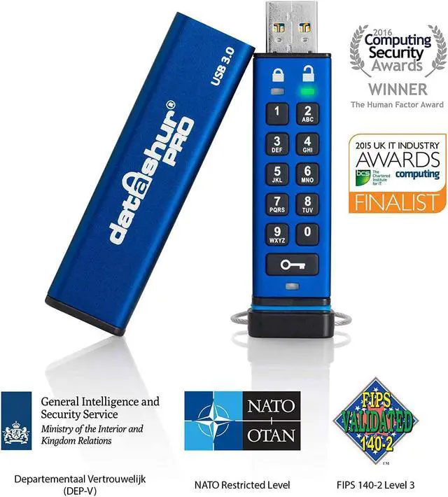 Alt view image 5 of 9 - iStorage datAshur PRO 128GB Secure flash drive - FIPS 140-2 Level 3 Certified - Password protected, dust and water resistant, portable, military grade hardware encryption. USB 3.0 IS-FL-DA3-256-128