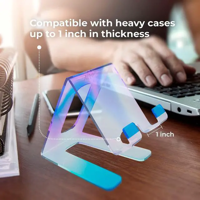 Alt view image 4 of 7 - Shimmer- Acrylic Stand Cell Phone Holder for Desk- Holographic Phone Stand for Desk and Other Surfaces- Cute Cell Phone Holder A Pink Desk Accessory- for iPhone/ Samsung/ All Other Cell Phones