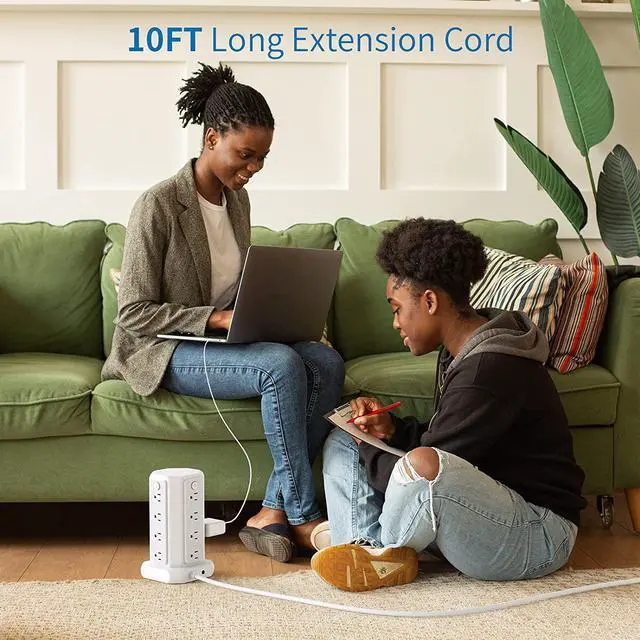 Alt view image 3 of 7 - 10 FT Extension Cord Power Strip Tower, 16 Widely Outlets 1875W 15A, Flat Plug Surge Protector with 4 USB Ports, Individual Switches, 1080 Joules, Overload Protection for Home Office Desktop, White