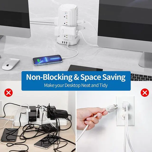 Alt view image 4 of 7 - 10 FT Extension Cord Power Strip Tower, 16 Widely Outlets 1875W 15A, Flat Plug Surge Protector with 4 USB Ports, Individual Switches, 1080 Joules, Overload Protection for Home Office Desktop, White