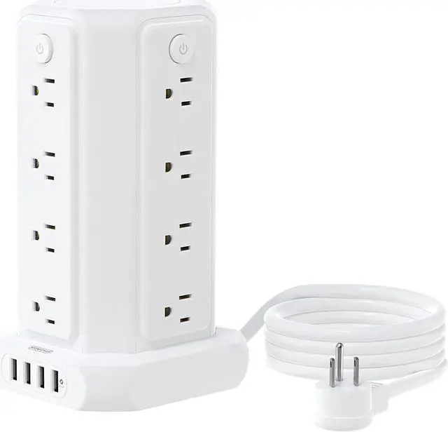 Main image of 10 FT Extension Cord Power Strip Tower, 16 Widely Outlets 1875W 15A, Flat Plug Surge Protector with 4 USB Ports, Individual Switches, 1080 Joules, Overload Protection for Home Office Desktop, White